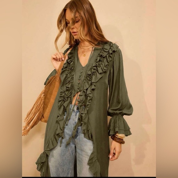 Olive green ruffle longline top - Picture 3 of 4